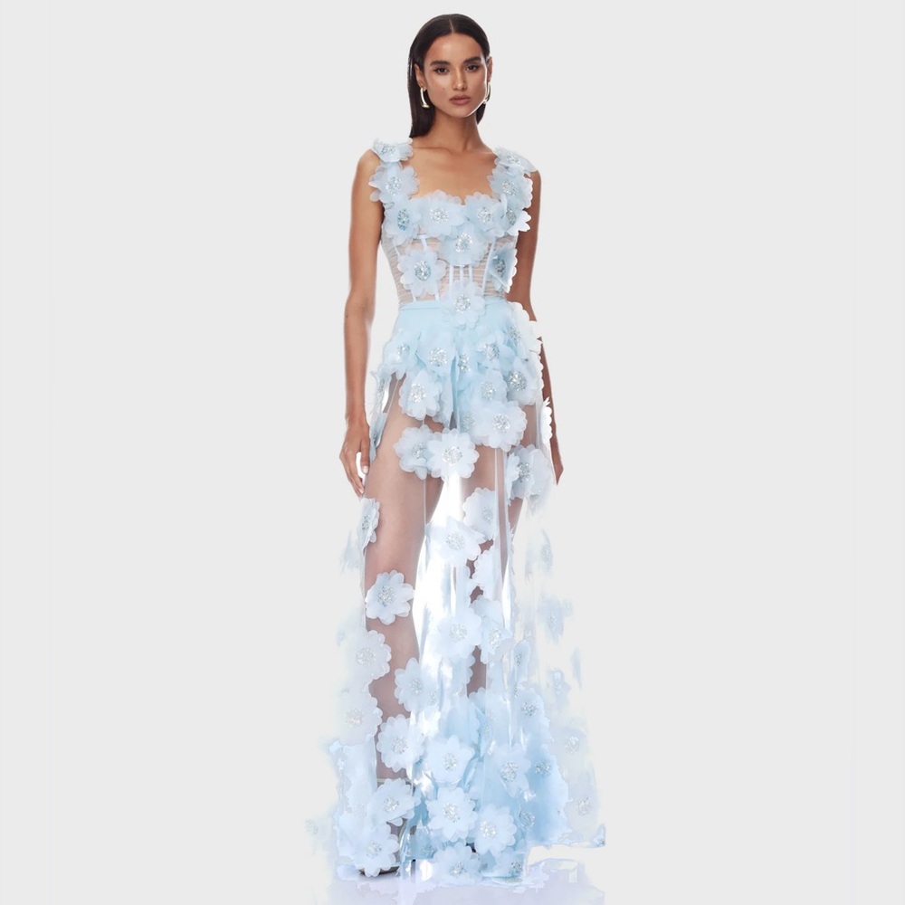Bronx and Banco Sky Blue Floral Appliqué Maxi Dress